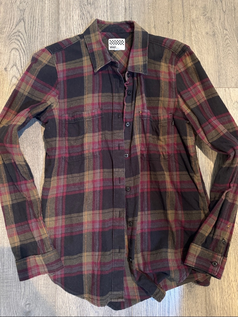 Vans Women’s Black and Burgundy Plaid Button-Down Shirt